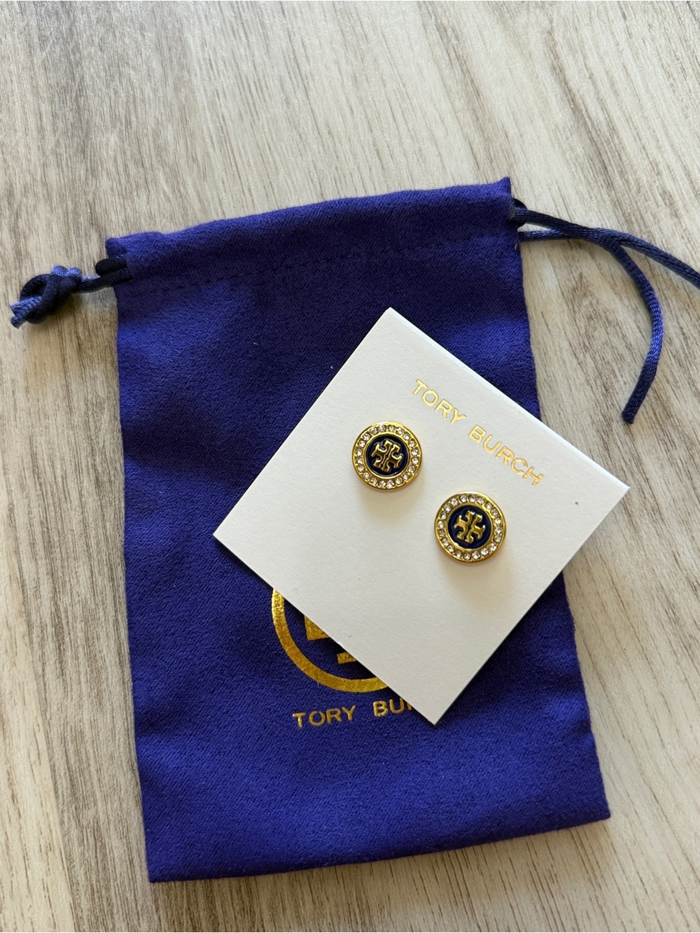 Tory Burch Navy Enamel Crystal Double T Logo Stud Earrings Gold - New